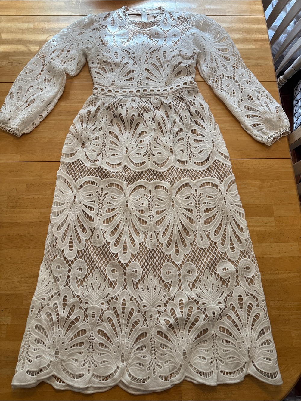 Boheme Ivory Crochet Lace Midi Dress with Long Sleeves
